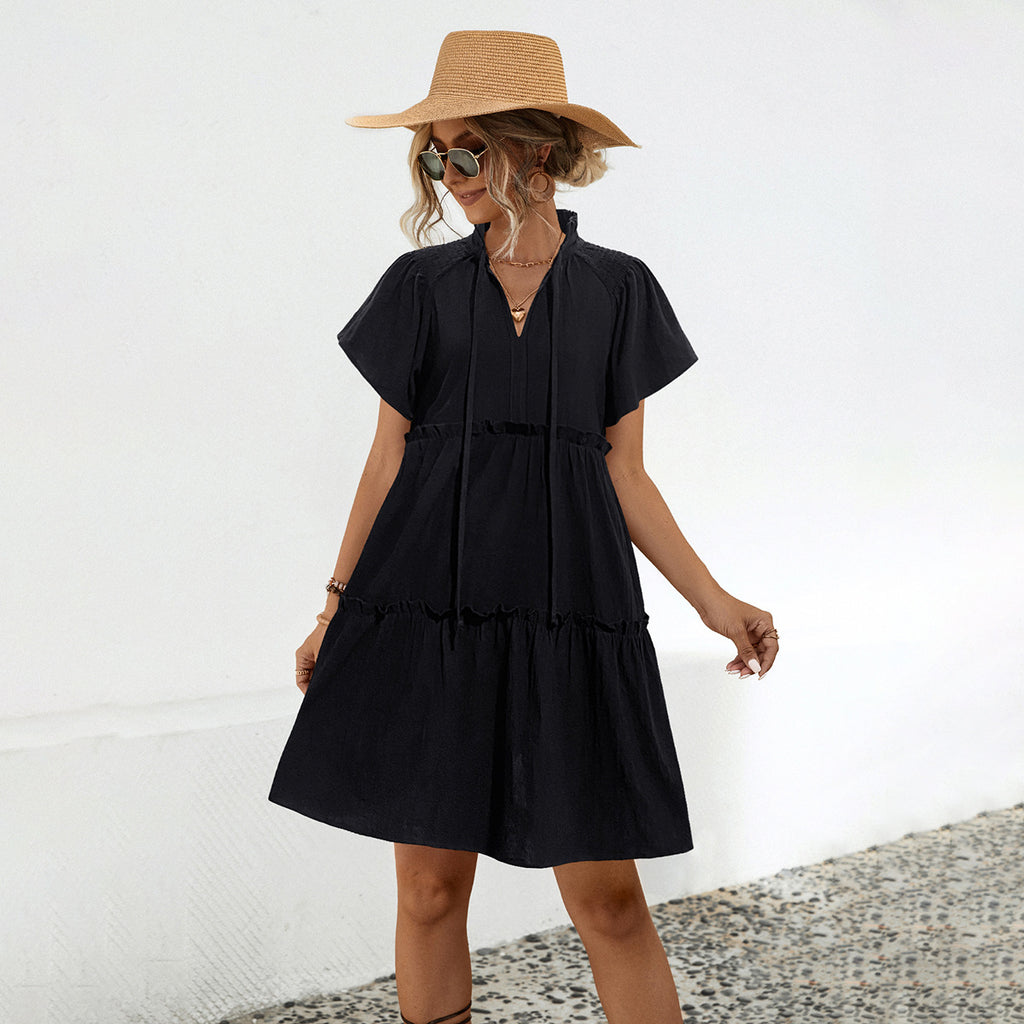 Women V‑Neck Tie Neck Short Sleeve Tiered Ruffle Mini Dress Casual Loose Swing A‑Line Dress Black