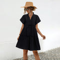 Women V‑Neck Tie Neck Short Sleeve Tiered Ruffle Mini Dress Casual Loose Swing A‑Line Dress Black