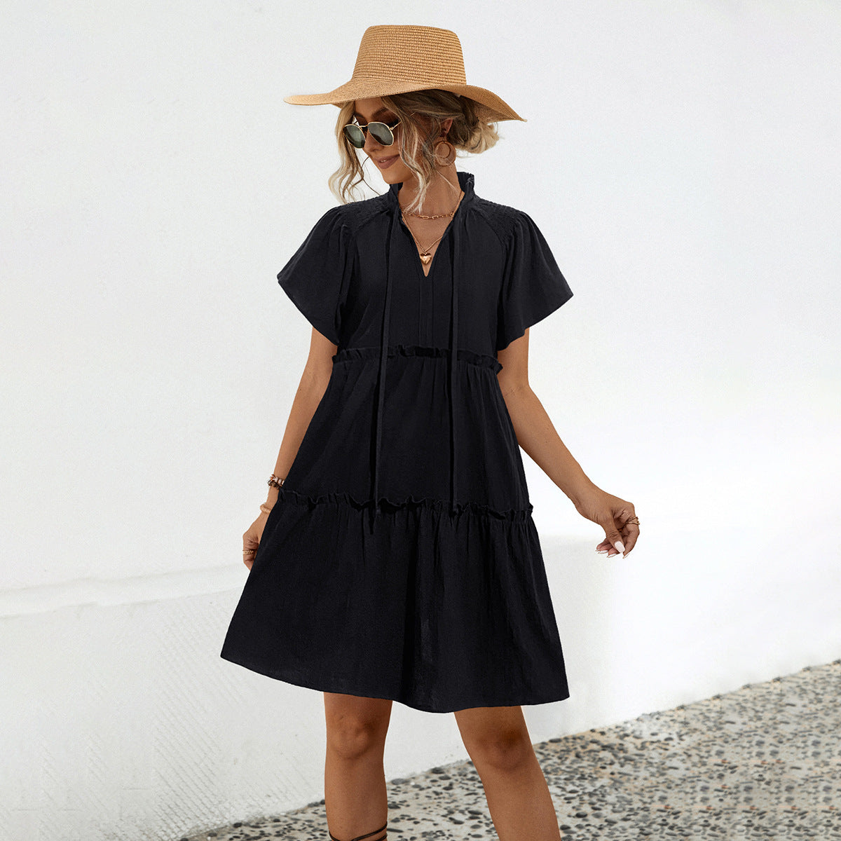 Women V‑Neck Tie Neck Short Sleeve Tiered Ruffle Mini Dress Casual Loose Swing A‑Line Dress Black