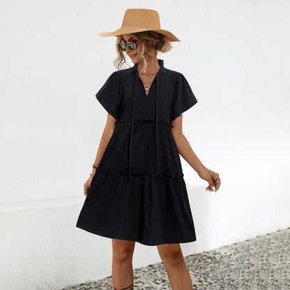 Women V‑Neck Tie Neck Short Sleeve Tiered Ruffle Mini Dress Casual Loose Swing A‑Line Dress Black
