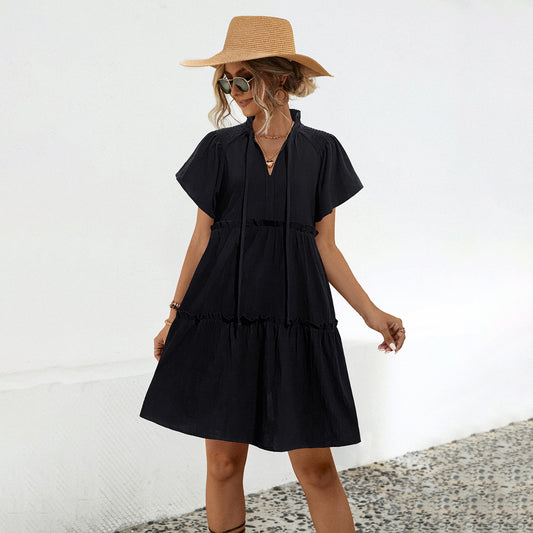 Women V‑Neck Tie Neck Short Sleeve Tiered Ruffle Mini Dress Casual Loose Swing A‑Line Dress Black