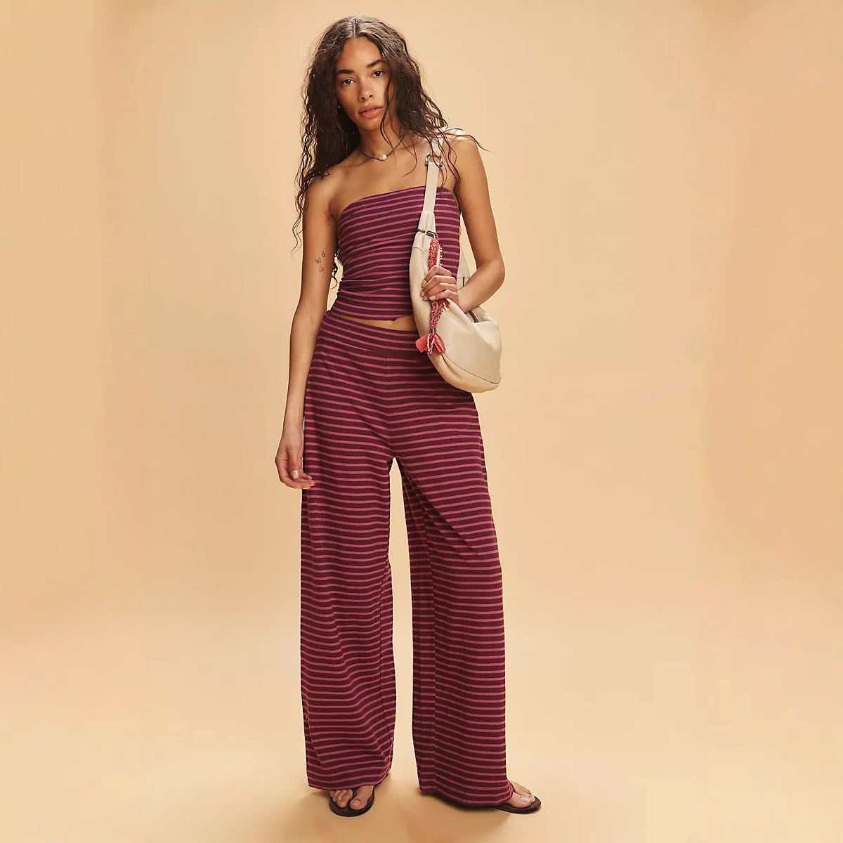 Women's Striped 2‑Piece Matching Set, Strapless Tube Crop Top and Low Rise Wide Leg Long Pants Casual Vacation Loungewear Outfit