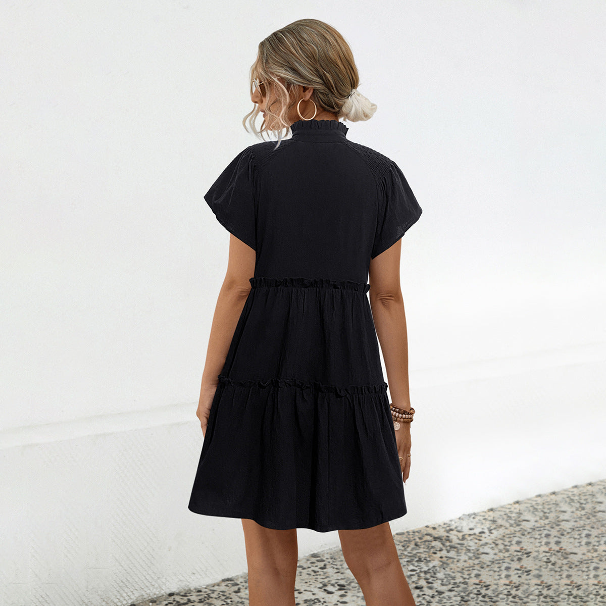 Women V‑Neck Tie Neck Short Sleeve Tiered Ruffle Mini Dress Casual Loose Swing A‑Line Dress Black