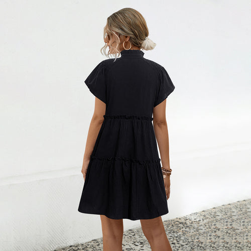 Women V‑Neck Tie Neck Short Sleeve Tiered Ruffle Mini Dress Casual Loose Swing A‑Line Dress Black