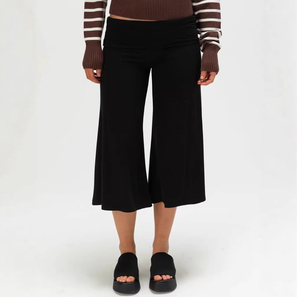 Knitted cropped wide-leg pants with folded waistband