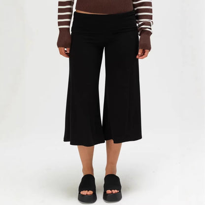Knitted cropped wide-leg pants with folded waistband