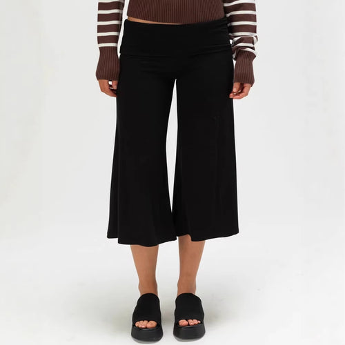 Knitted cropped wide-leg pants with folded waistband