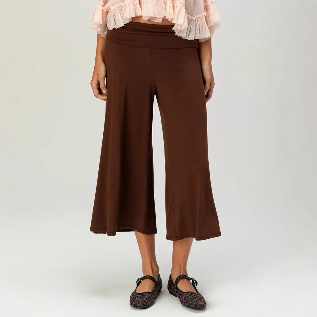 Knitted cropped wide-leg pants with folded waistband